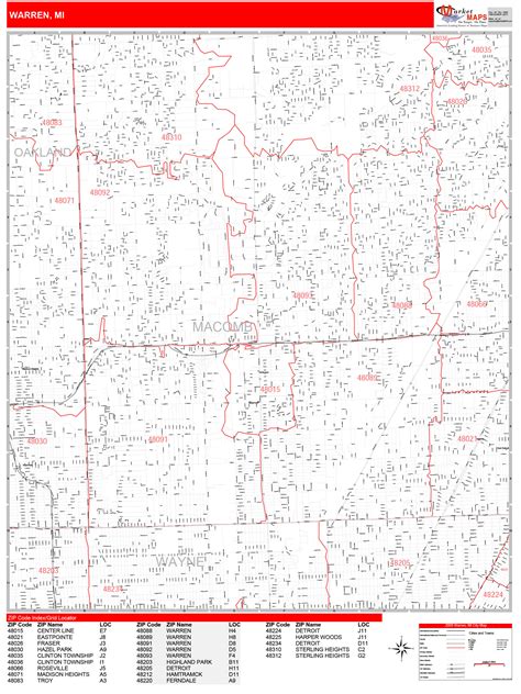 Warren Michigan Zip Code Wall Map Red Line Style By Marketmaps