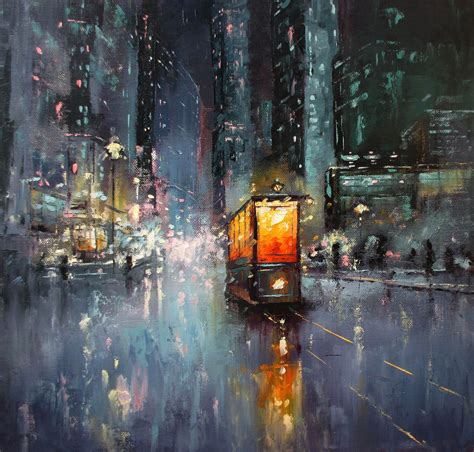 Painting Of A City At Night View Painting