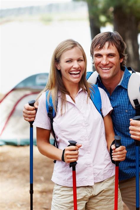 Couple Ready To Hike Portrait Of Happy Couple Enjoying Their Vacation