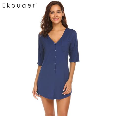 Ekouaer Chemise Sleepshirt Women Nightgown Sleepwear Women Soft Casual Sleep Wear Button Pocket