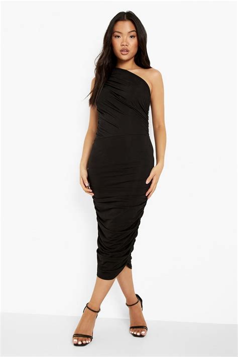 Total Appeal Black Ruched One Shoulder Bodycon Midi Dress