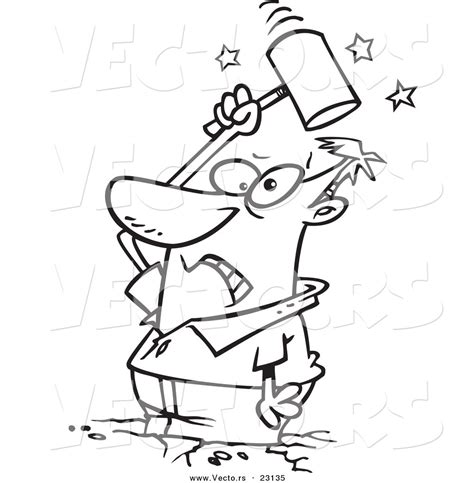 Vector Of A Cartoon Man Beating Himself With A Hammer Coloring Page