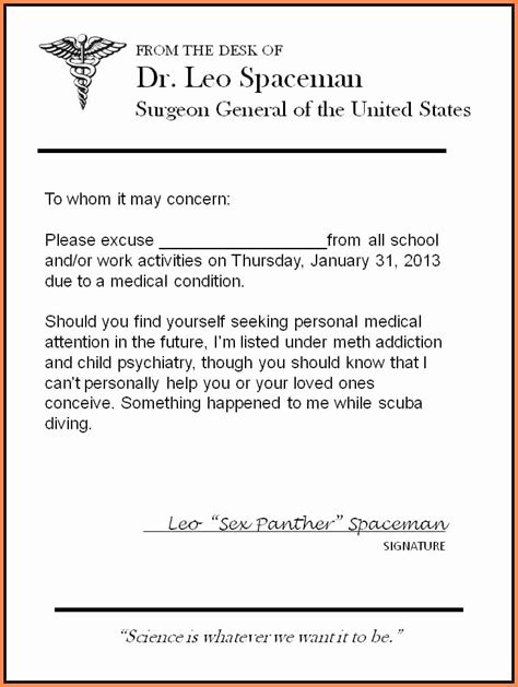 30 Medical Excuse Note For Work Example Document Template