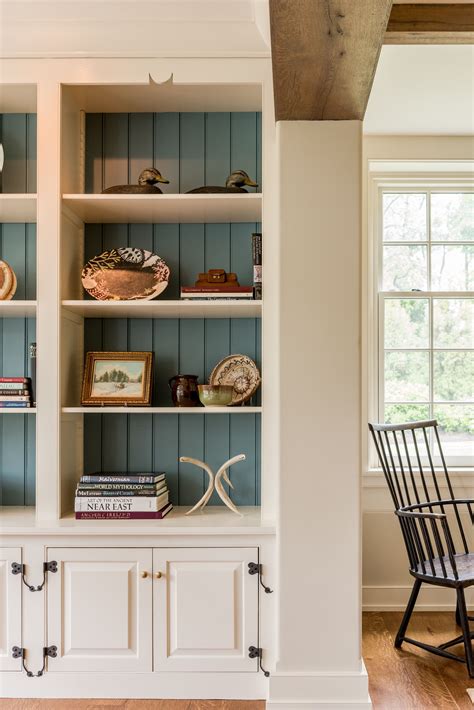 Home Office Built In Bookcase Detail With Rustic Wood Beam In