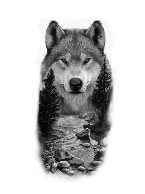 A Wolf Is Standing In The Water With Rocks And Trees Around Its Neck