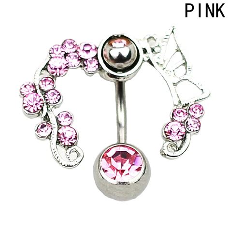 1 Piece Hot Sale Pink Flower Crystal Navel Bars Gold Belly Button