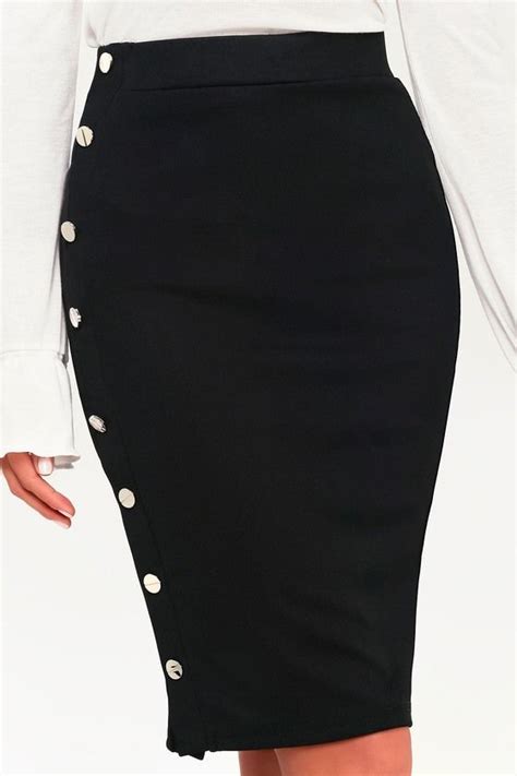 Lenya Black Ribbed Side Button Midi Skirt Button Midi Skirt Black