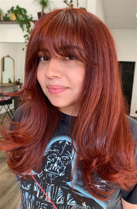 40 Copper Hair Color Ideas That Re Perfect For Fall Red Copper Layered Cut With Bangs