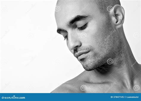 Portrait Of A Bald Man Looking Down Profile Of A Handsome Topless Man