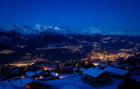 Switzerland Houses Winter Mountains Night Snow Sion Cities Wallpaper