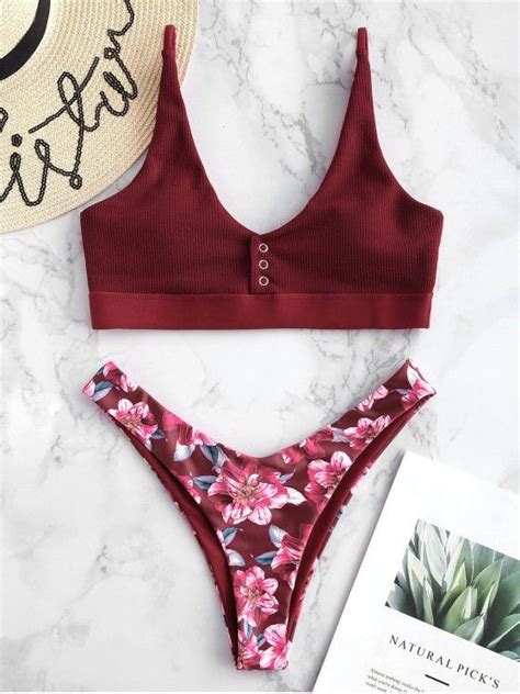 15 Off 2020 Zaful Flower Ribbed Snap Button Bikini Set In Red Wine
