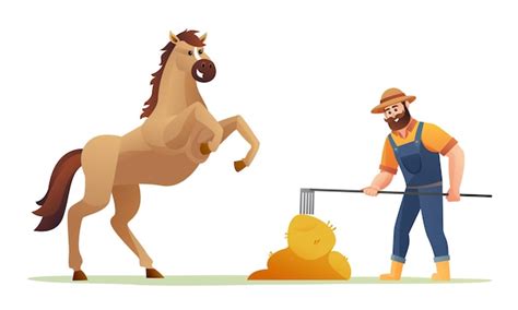 Premium Vector Farmer Feeding Horse With Hay Illustration
