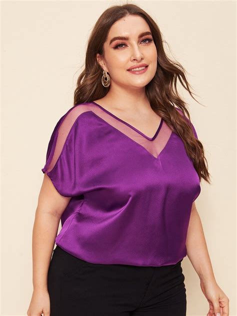 Plus Size Purple Satin And Mesh Short Sleeved Blouse From Shein