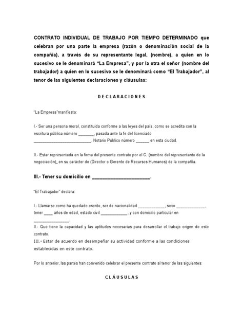 Contrato Individual De Trabajo Por Tiempo Determinado México Salario