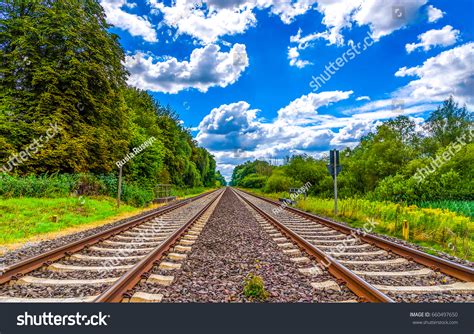 Railroad Tracks Summer Panoramic Landscape Stock Photo