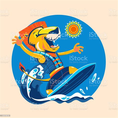 Lion Surfing At Beach For Enjoy The Summer Time Surf Time Stock