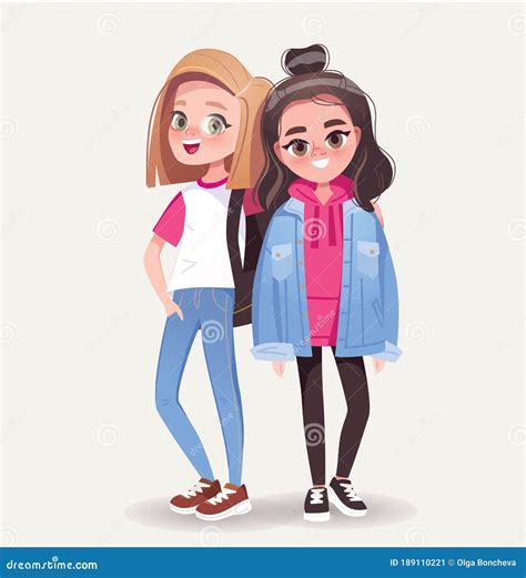Two Teenage Girls Best Friends Hug Stock Vector Illustration Of