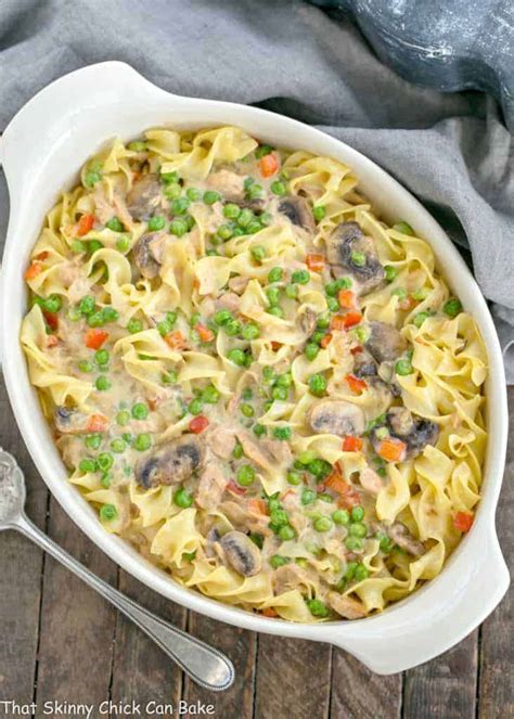 Pour the sauce over the noodles; Tuna Noodle Casserole from Scratch - That Skinny Chick Can Bake