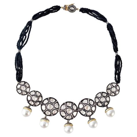 Polki Diamond And Pearl Necklace With Black Onyx Made In Gold And