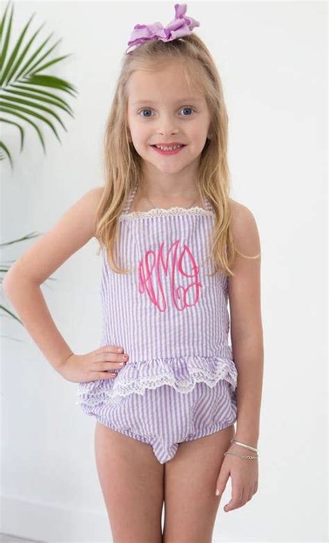 Girls Seersucker Ruffled Bathing Suit Monogrammed Girls Etsy In 2021