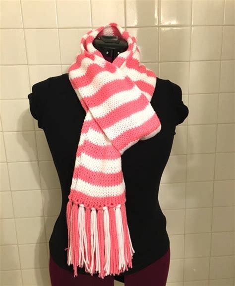 Hand Knit Pink And White Striped Scarf Immediate Free