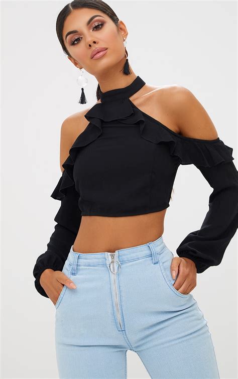 Black Cold Shoulder Ruffle Detail Crop Top Tops Prettylittlething Ie