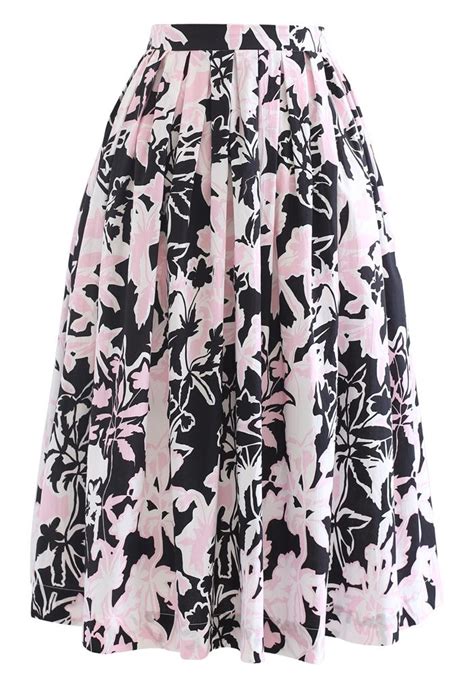 Summer Floral Print Pleated Midi Skirt In Black Retro Indie And