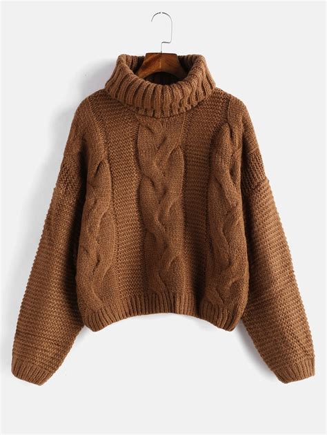 Drop Shoulder Cable Knit Turtleneck Chunky Sweater In Brown Zaful 2024