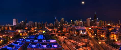 Ultrawide Night Cityscape Chicago Illinois Usa Skyline