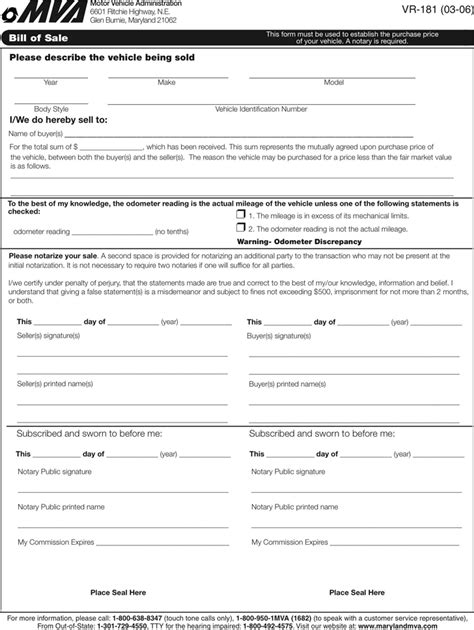 Maryland Motor Vehicle Bill Of Sale Form Download The Free Printable