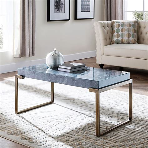 Southern Enterprises Langlyn Faux Marble Cocktail Table In Blue Gray And Brushed Bronze Bed