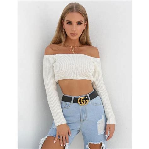 Sexy Long Sleeve Cropped New Sweater Women Off Shoulder Pullover