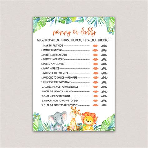 Safari Baby Shower Games Mommy Or Daddy Baby Shower Game Etsy