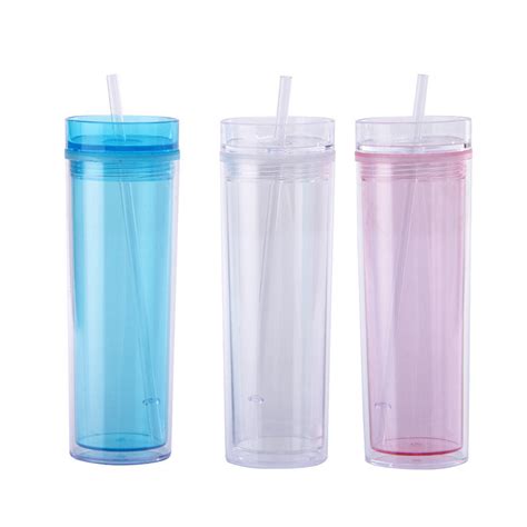 16oz Clear Acrylic Skinny Tumbler Double Wall With Lid And Straw Mug Insulated Reusable Tumbler