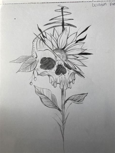Half Skull Half Sunflower Drawing Sunflower Drawing Half Skull Skull