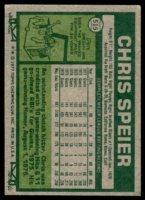 1977 Topps Chris Speier San Francisco Giants 515 Ebay