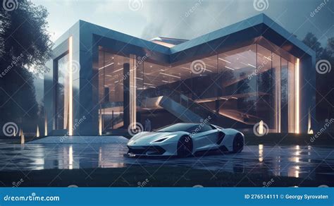 Opulent Mansion Showcasing Dashing Supercar Stock Illustration