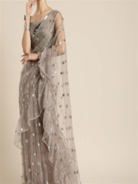 Buy Inddus Grey Embellished Net Ruffle Saree Sarees For Women 12631340 Myntra