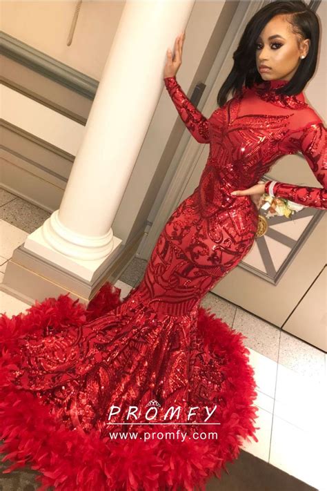 Red Sequin And Feather Hemline Mermaid Floor Length Long Sleeve Prom