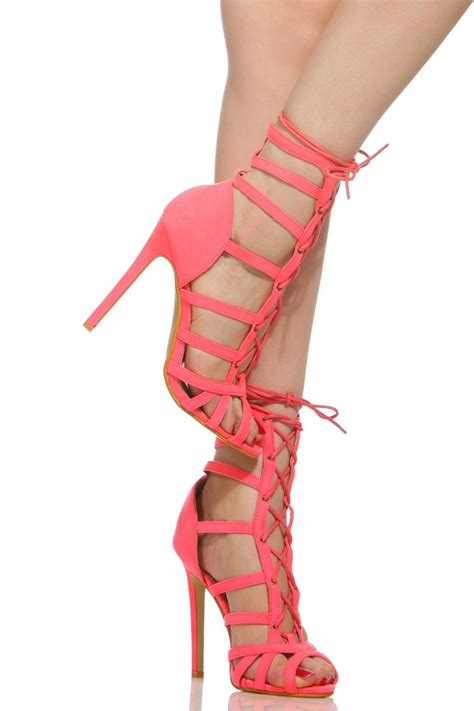 Neon Pink Faux Suede Cage Lace Up Single Sole Heels Cicihot Heel