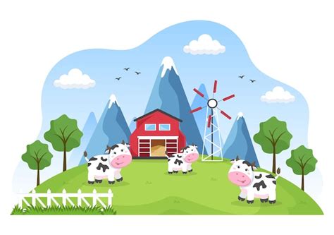 Premium Vector Dairy Cows Pictures With A View Of Meadow Or A Farm In The Countryside To Eat