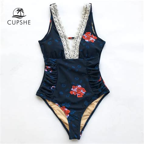 cupshe navy blue flora print lace one piece swimsuit women v neck shirring backless monokinis