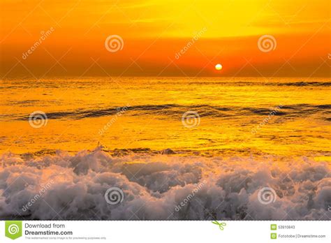 Golden Sunrise Sunset Over The Sea Ocean Waves Stock Image Image Of