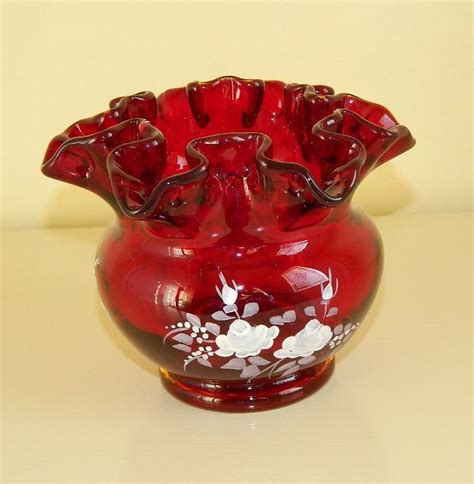 Beautiful Ruby Red Fenton Vase Hand Painted And Artist Signed Antique Glass Beautiful Vase