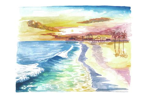Santa Monica Pier In Golden Californian Sun Painting By M Bleichner