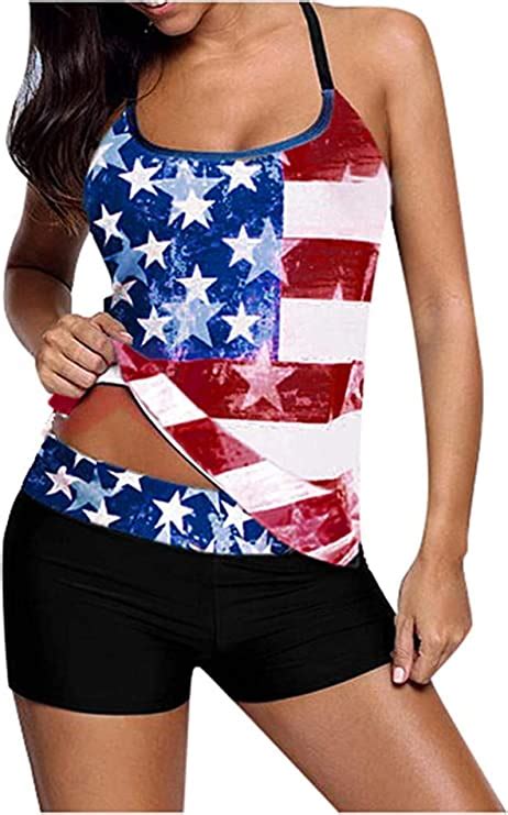 Women Plus Size American Flag Tankini Swimsuit Tummy Control Swimwear