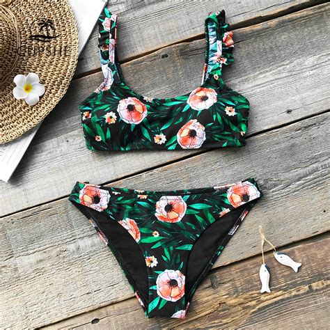 Buy Cupshe Flora Print Ruffles Tank Bikini Set Women