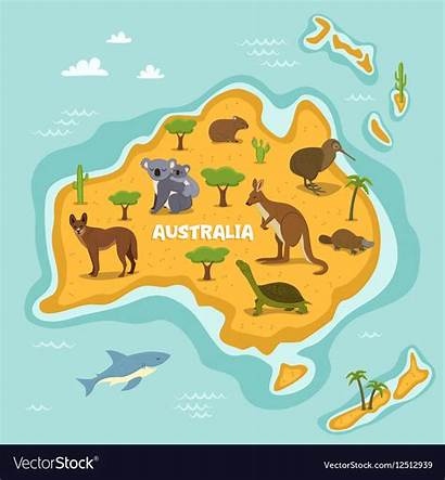 Animals Map Australian Wildlife Vector Cartoon Illustration