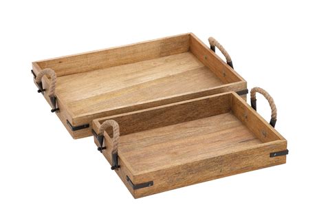 Decmode Natural Rectangular Wood Serving Trays With Jute Rope Handles