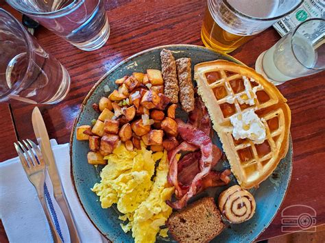 Breakfast Plate With Eggs Hash Sasuages Waffles Bacon Cinnamonbon